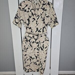 Wild Dress Black Beige Floral Front Button Midi Dress Size 9/10 Medium Retro